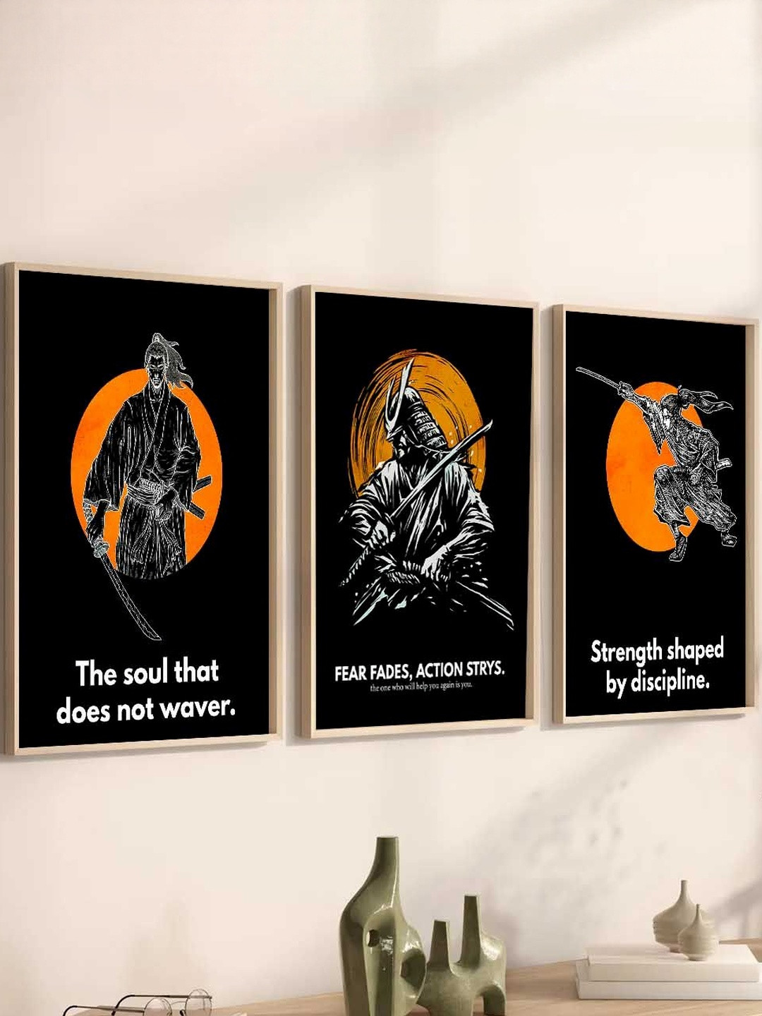 Kotart Brown & Black 3 Pieces Samuari Printed Wooden Wall Arts