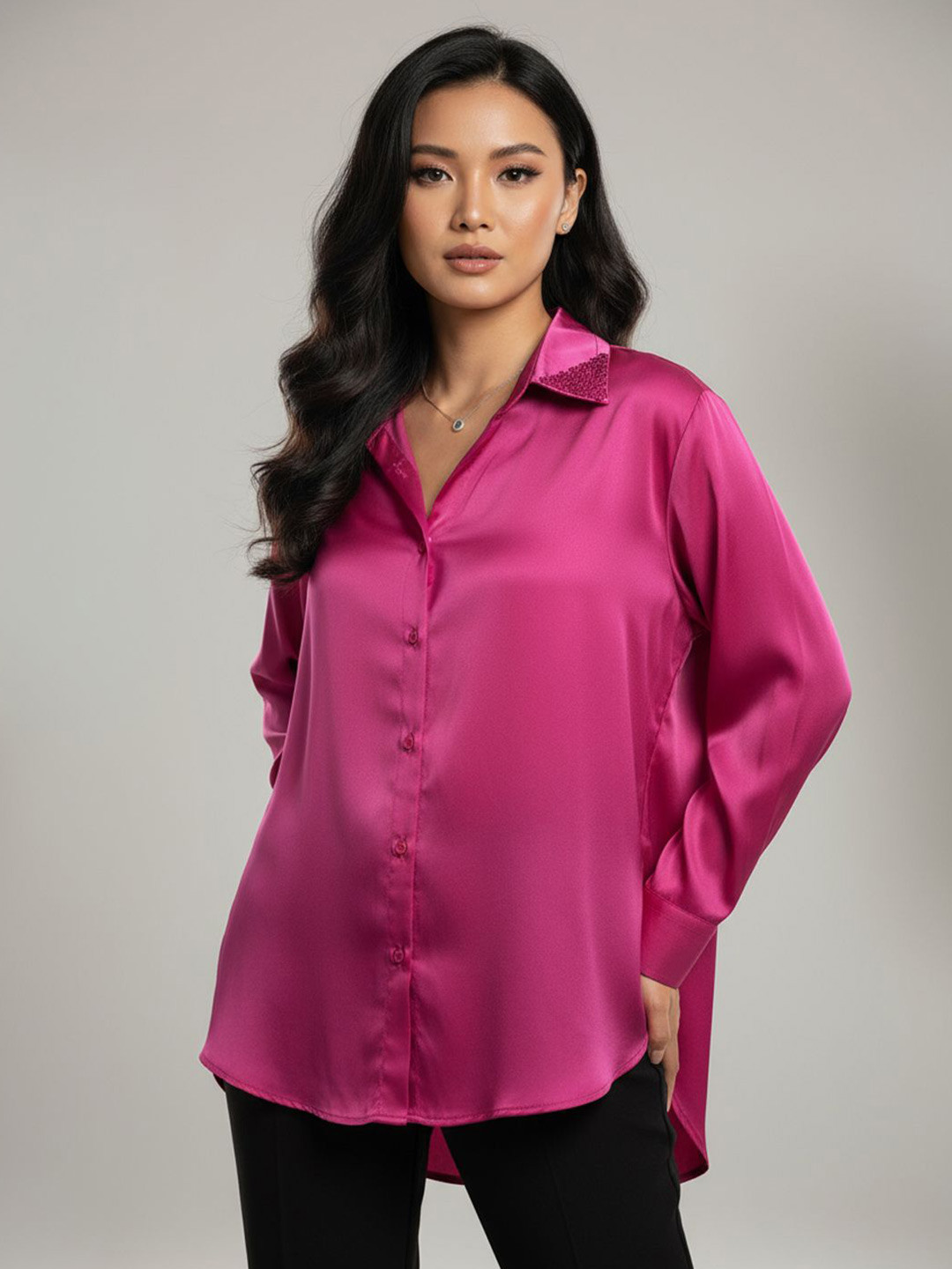 Qurvii Women Comfort Fit Sequin Embellishment Silk Casual Shirt