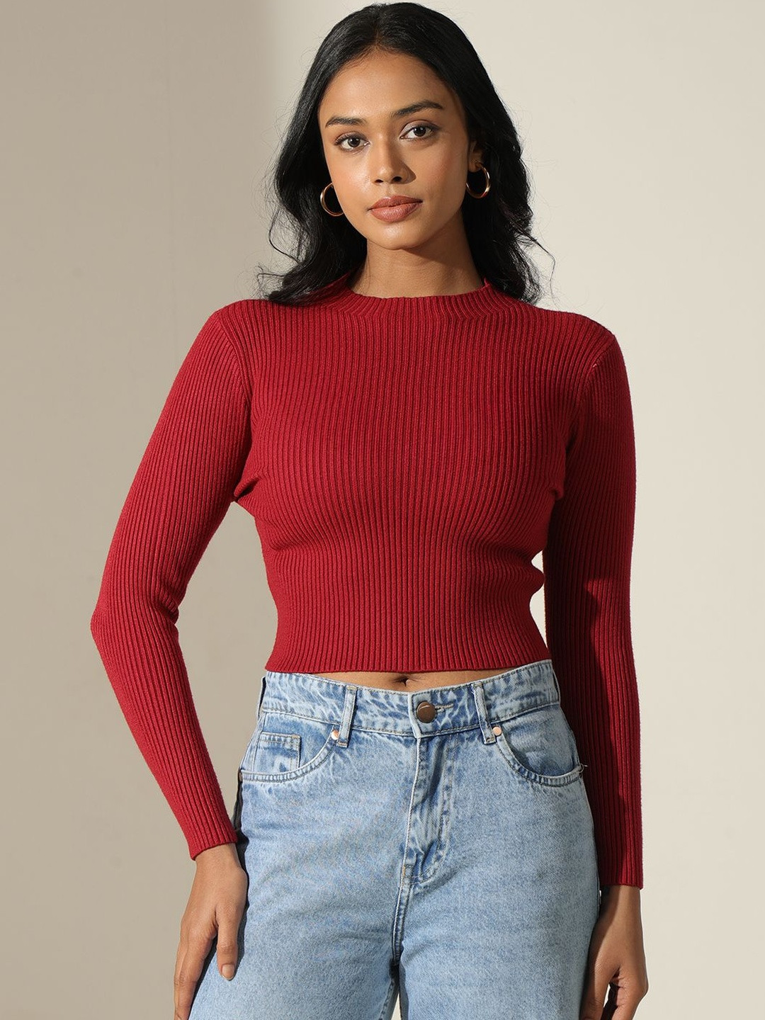 SHOWOFF Women Ribbed Mock Neck Long Sleeves Crop Fitted Top
