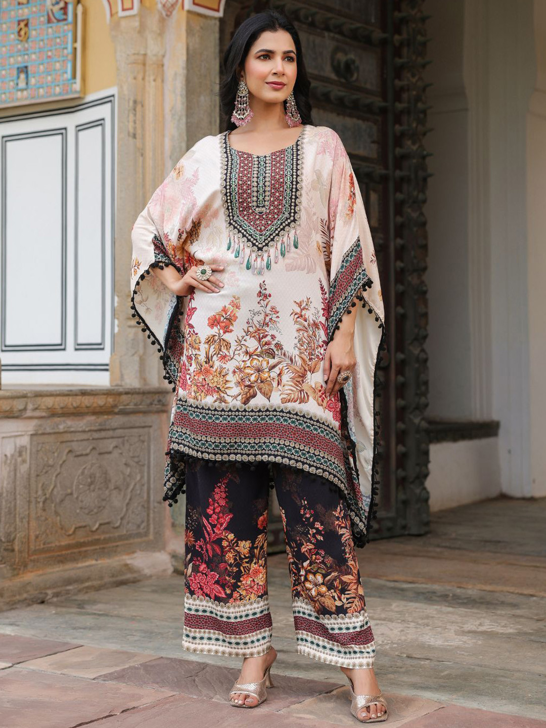 Kaftanize Off-white color with floral print & embellished co-ord set