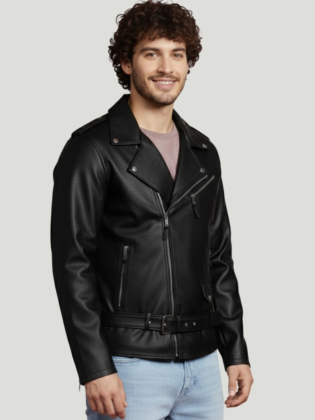 Leather Retail Men Pack of 2 Lapel Collar Solid Lightweight Biker Jackets