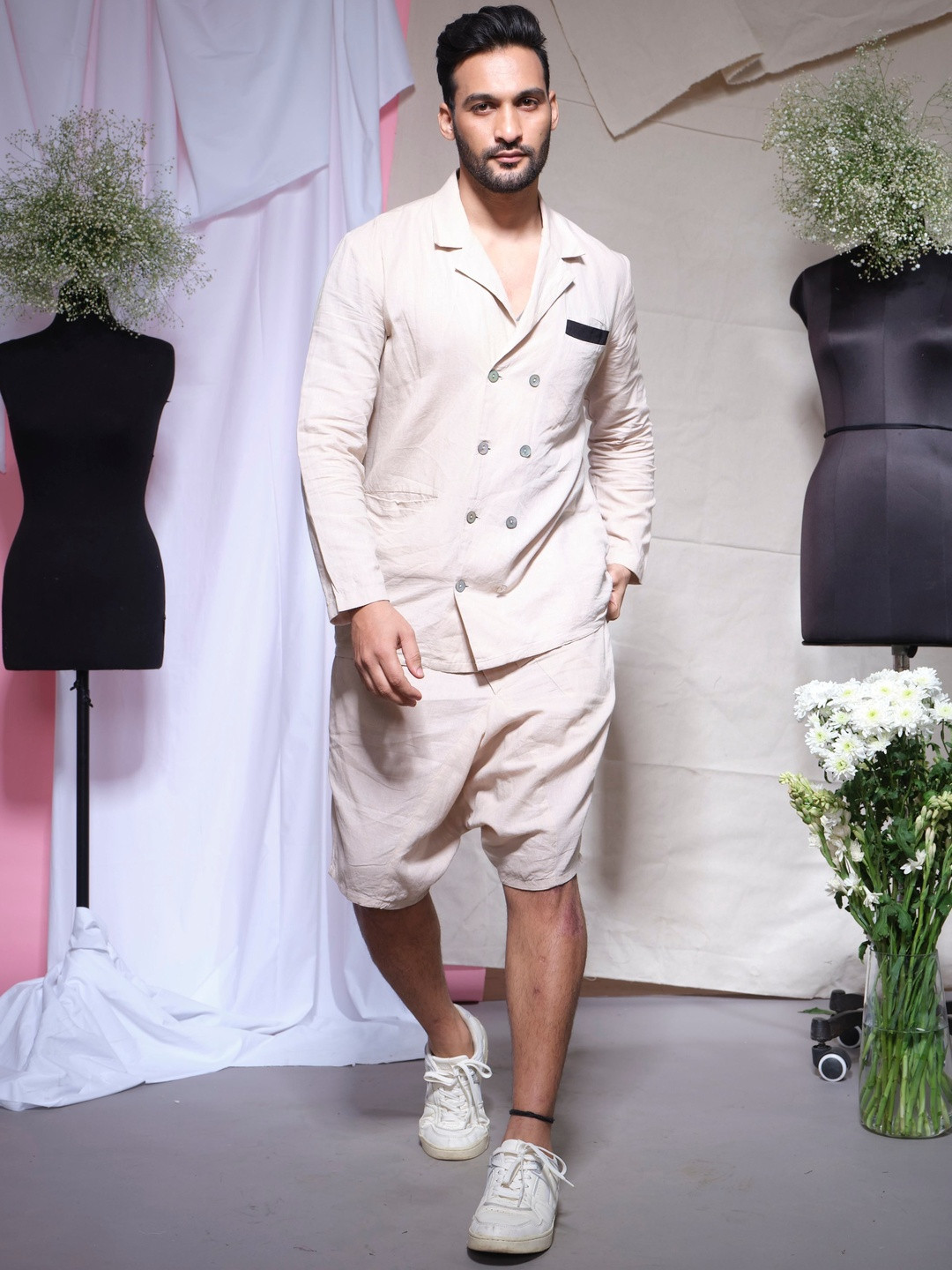 ECHKE Ecru Linen Blazer Shirt With Cowl Shorts