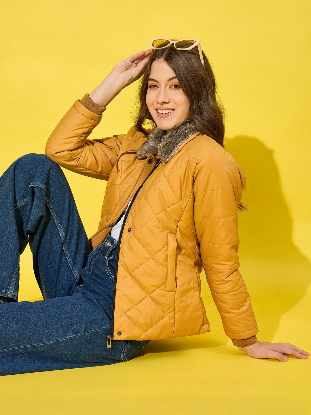 Mustard Casual Quilted Jacket with Faux Fur Collar