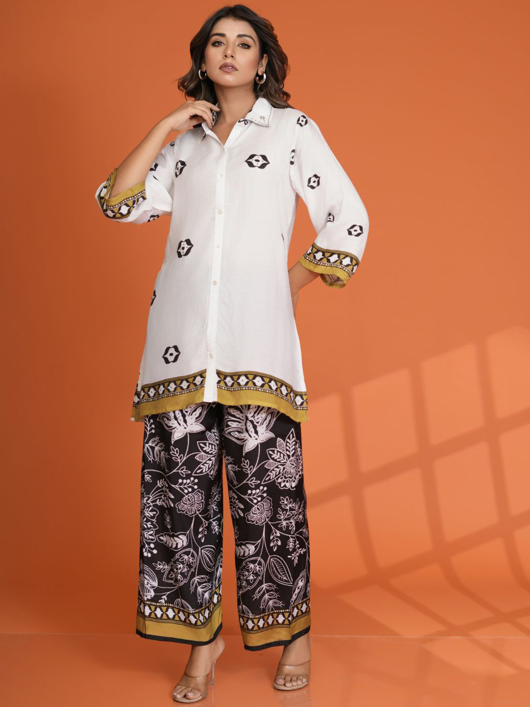Kaftanize White-Yellow Salli Work Border Print Co-Ord Set In Muslin