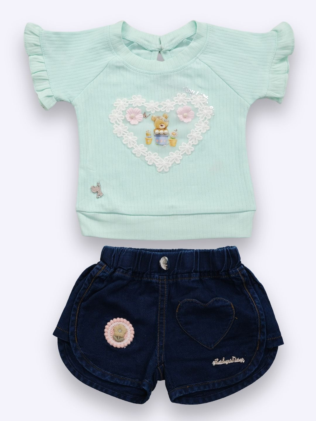 YK x Nice Kidz Girls Embellished  Round Neck Pure Cotton  T-shirt with Shorts