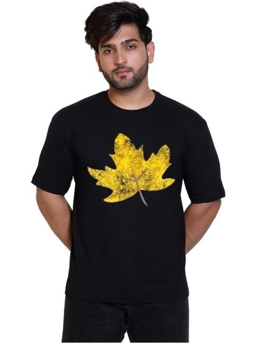 Requin Men Black Leaf Printed Relaxed Fit Casual T-shirt