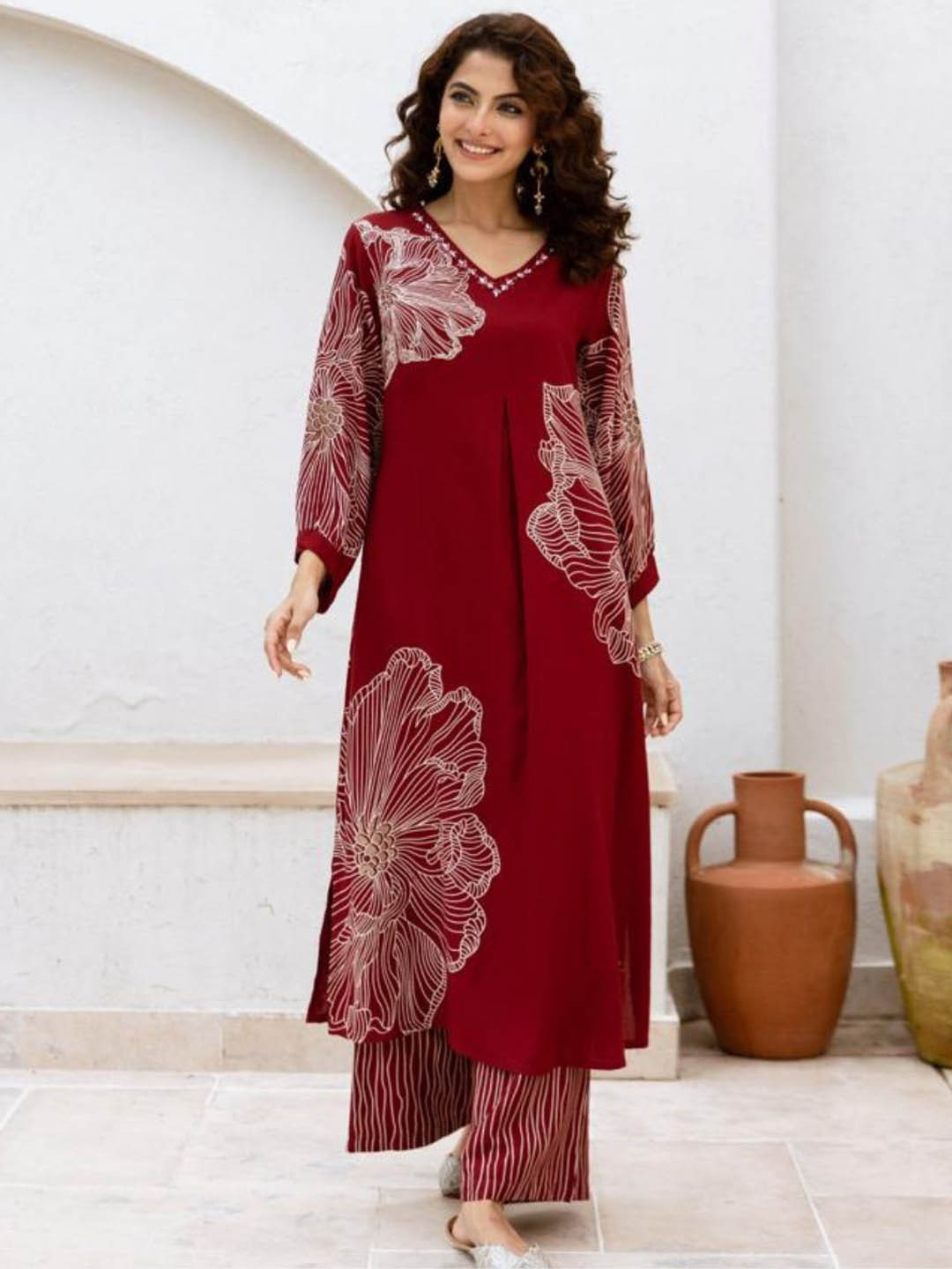 Kaftanize Floral Printed V-Neck Beads and Stones A-Line Kurta With Palazzos