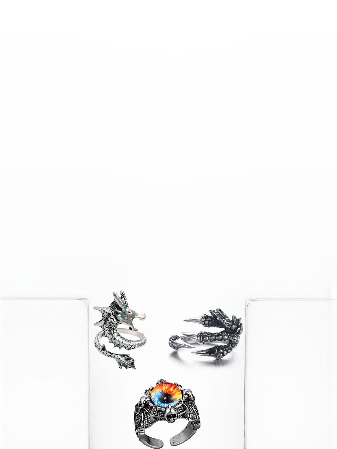 Teeragaj Set Of 3 Dragon Clone & Eye Adjustable Finger Rings