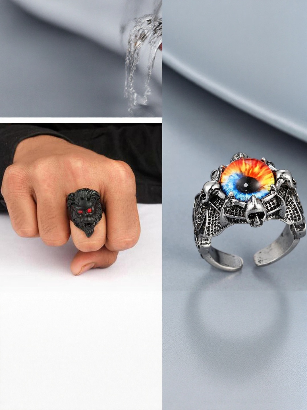 Teeragaj Unisex Set Of 2 Stainless Steel Lion & Evil Eye Adjustable Finger Rings