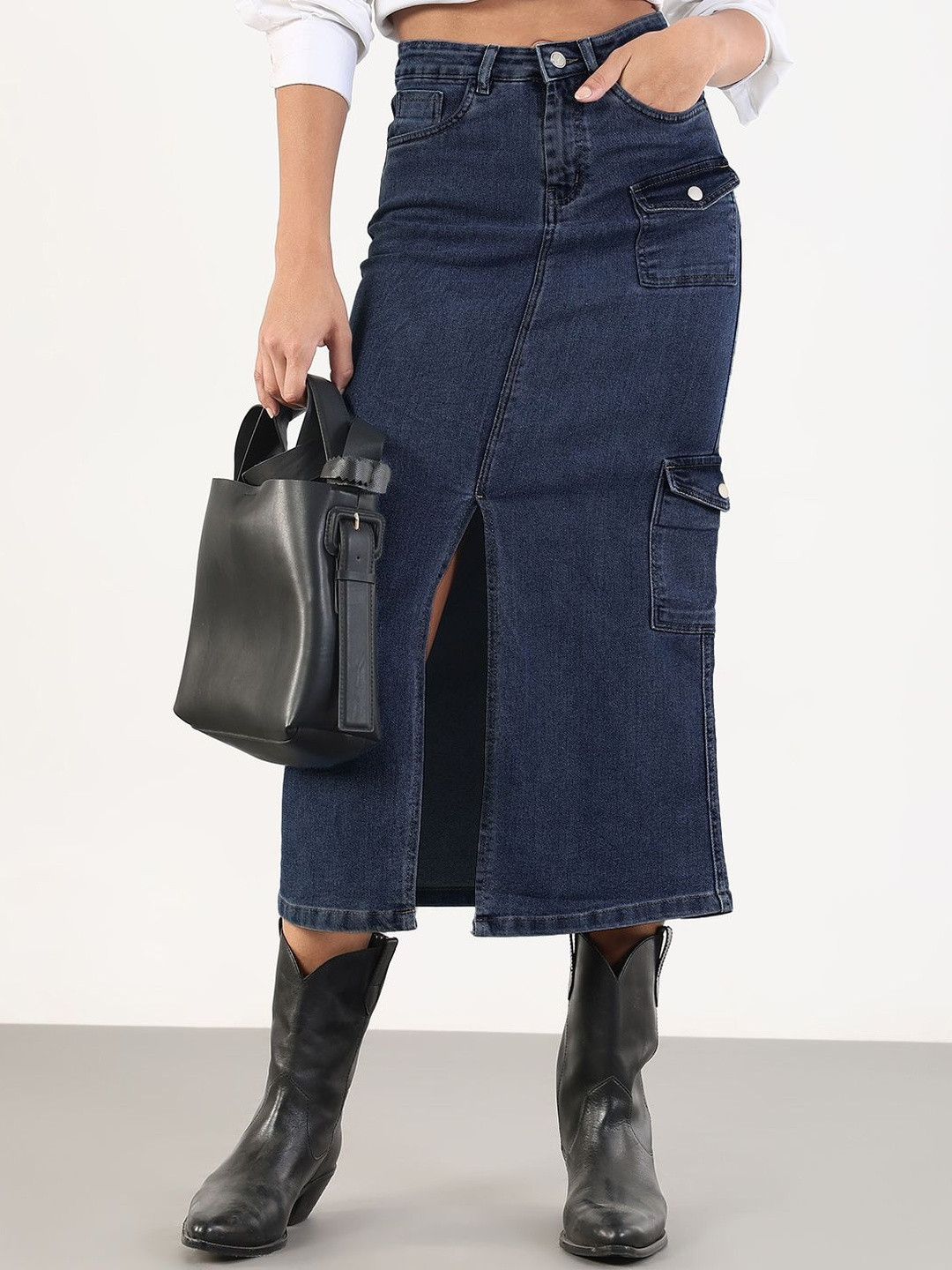 SHOWOFF Women Denim Cargo Skirt with Front Slit