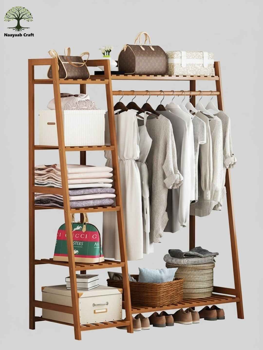 Naayaab Craft Beige Bamboo Super Strong Clothes Rack Stand Multi-Utility Organiser