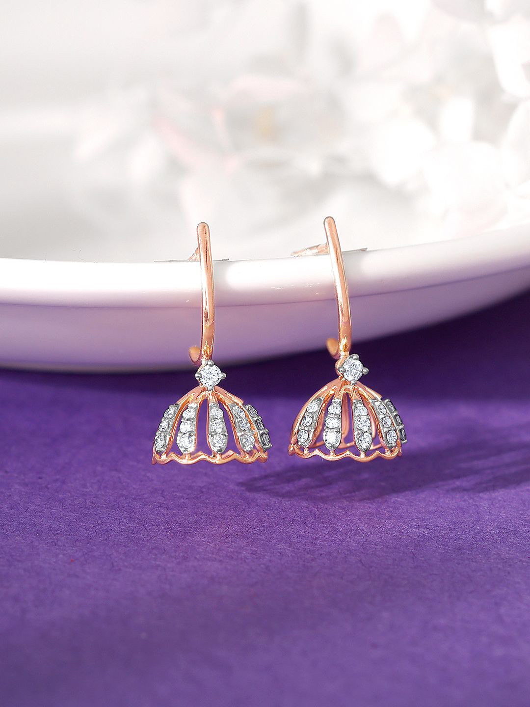 GIVA 18K Rose Gold Diamond Jhumki Earrings-3.48 gms