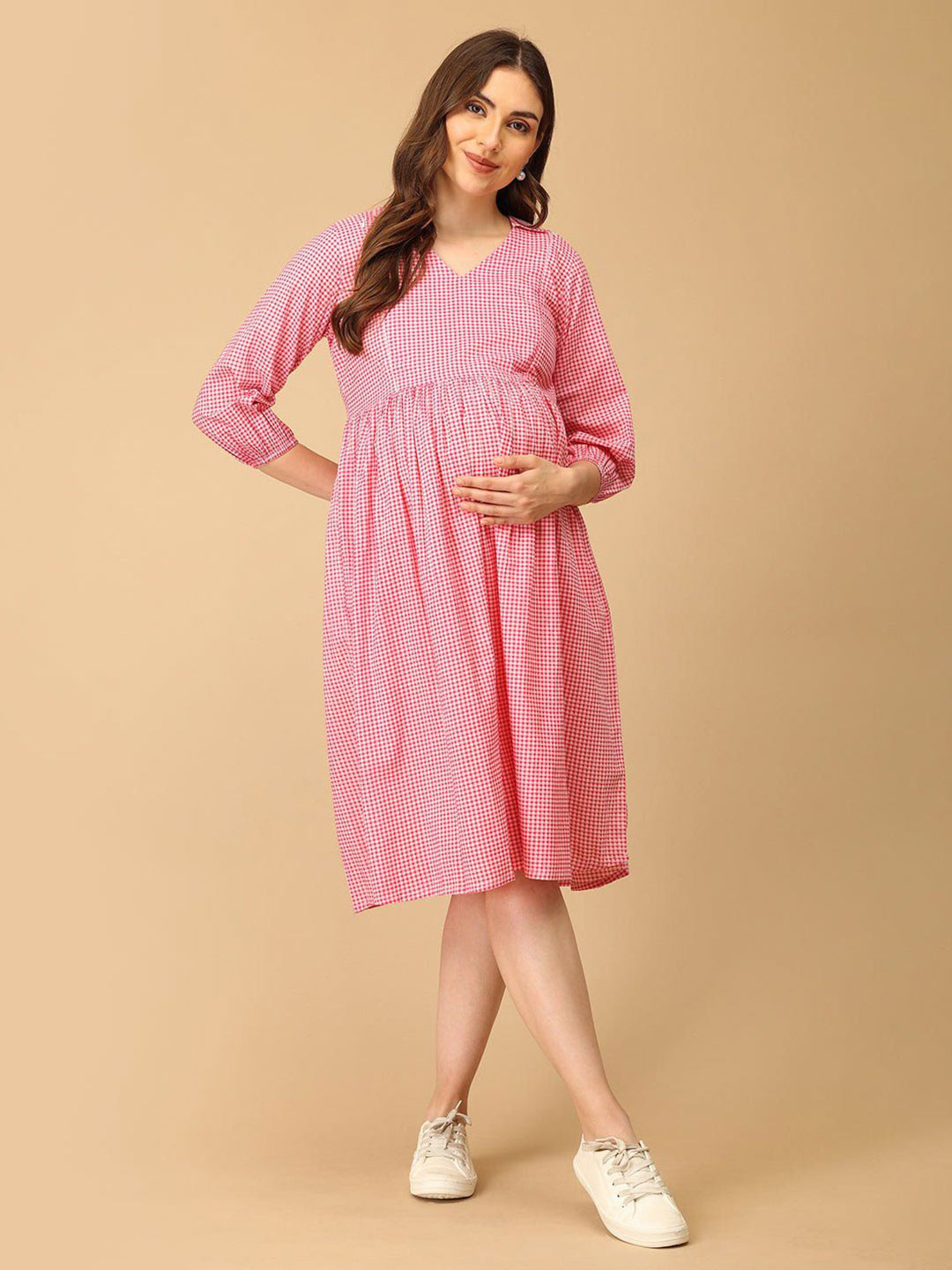 The Mom Store Women Checked Maternity Shirt Collar A-Line Dress