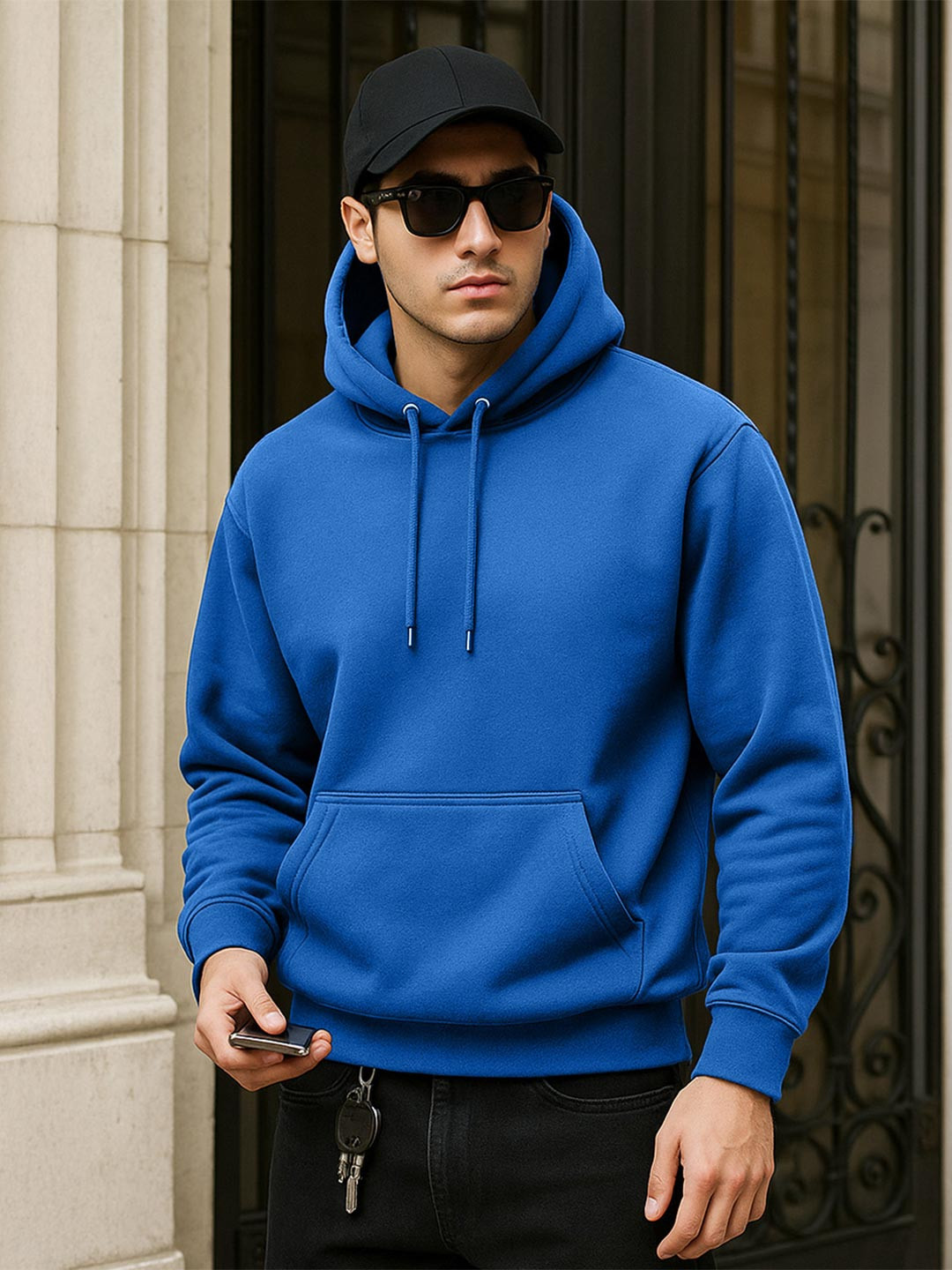 VEIRDO Men Blue Soild Cotton Fleece Regular Fit Hooded Pullover Sweatshirt