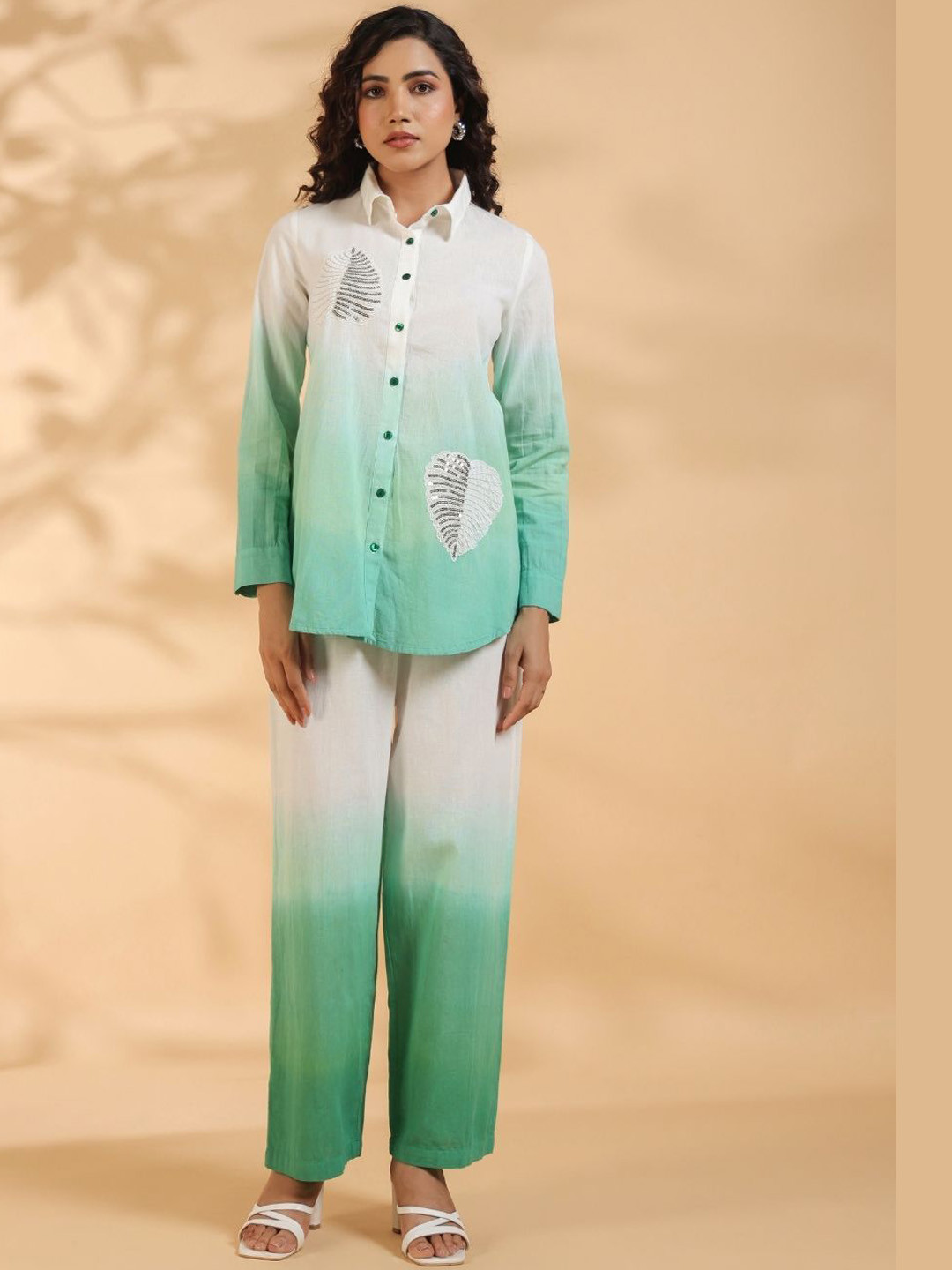 Kaftanize Women Green Leaf Patch With Sequence Work Co-Ords