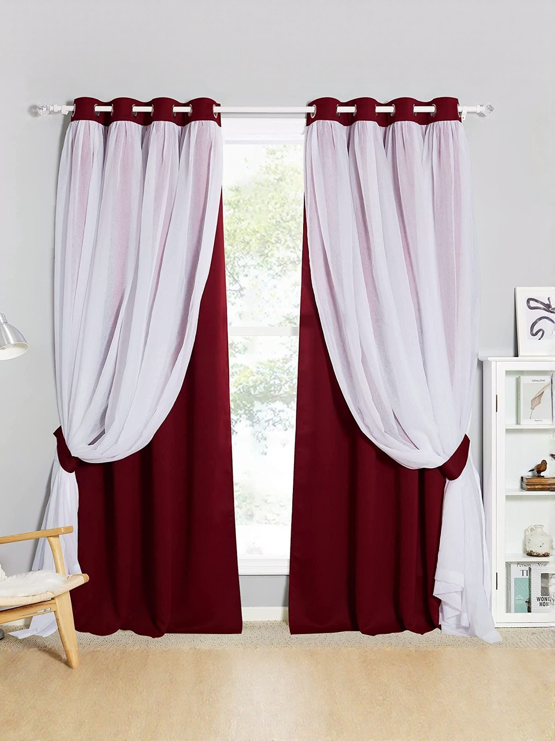 BFAM Maroon & White 2 Pieces Black Out Thermal Insulated Door Curtains