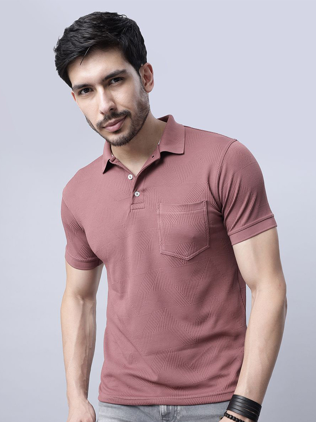 BLUWEEA Men Peach Solid Regular Fit Polo T-shirt
