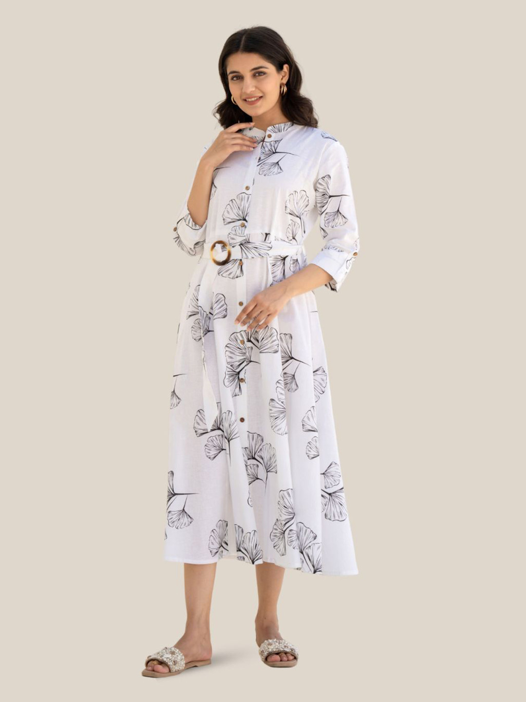 Kaftanize Women Off White Bold Ginkgo Leaf Print Midi Dress In Black Viscose