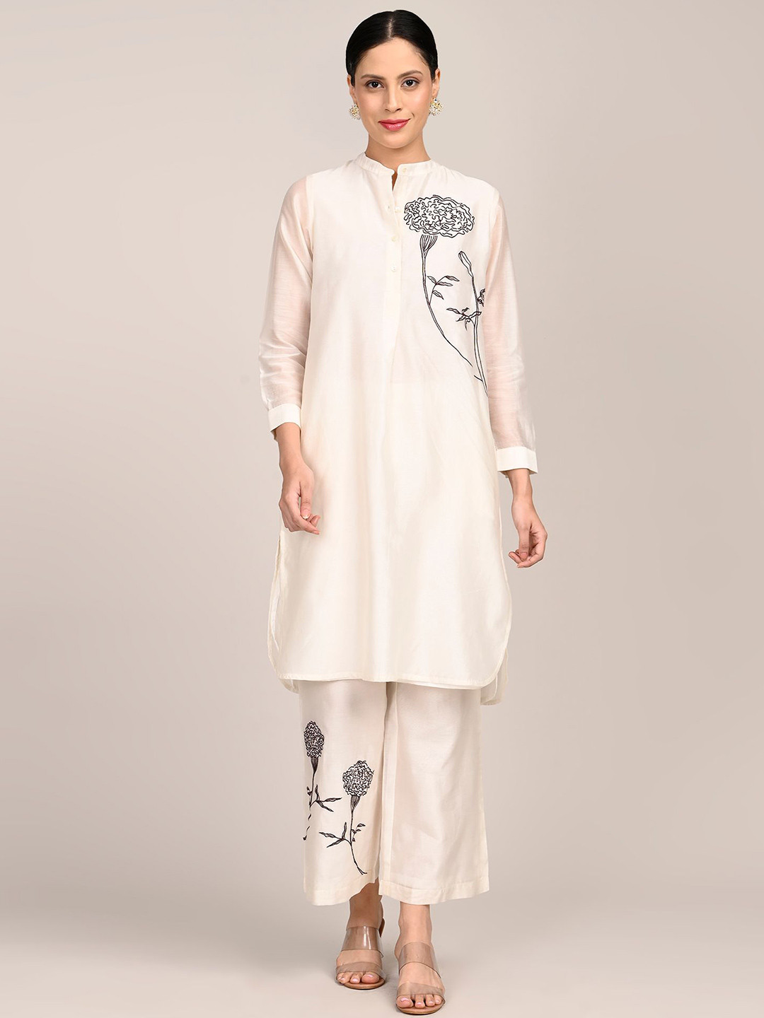 Saltpetre Women Peral White Chanderi Silk Pleated Tunic With Hand Embroidery