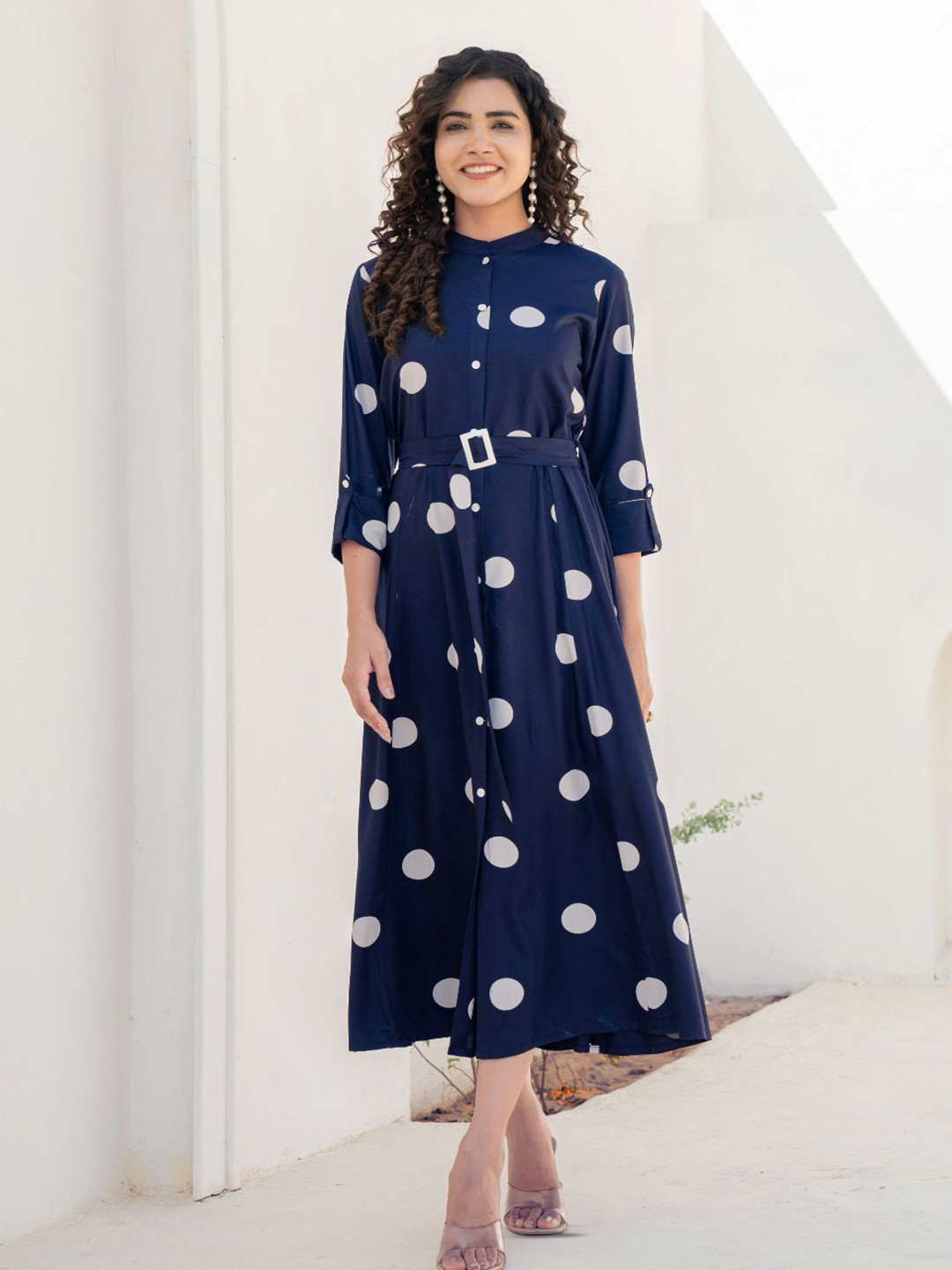 Kaftanize Navy base white big polka dot print midi dress in viscose