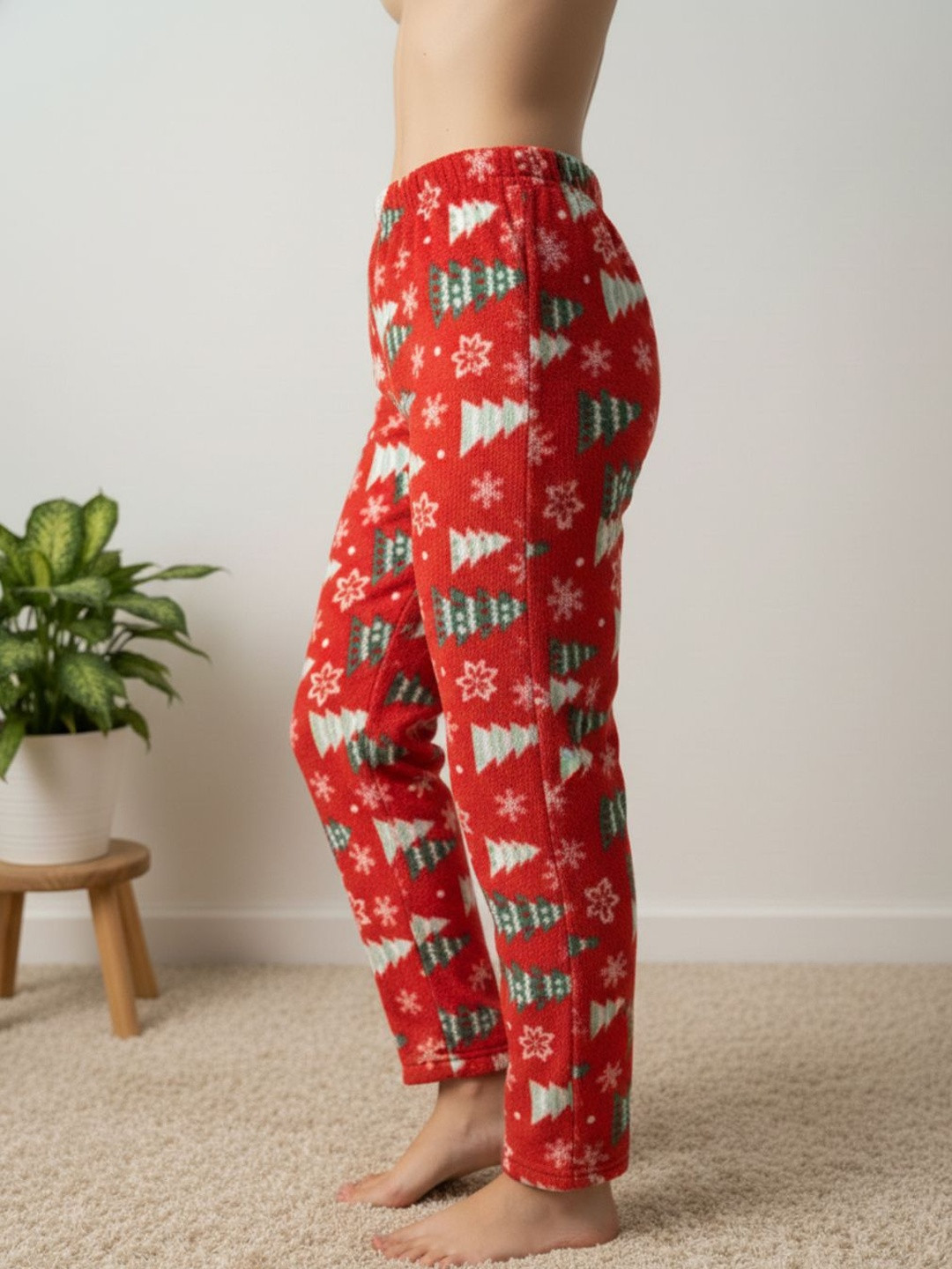 ETC Women Red Christmas Printed Straight-Leg Fleece Lounge Pant