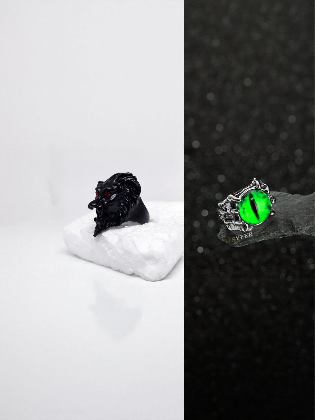 Teeragaj Set of 2 Silver-Toned Green Eye & Lion Shaped Adjustable Finger Ring