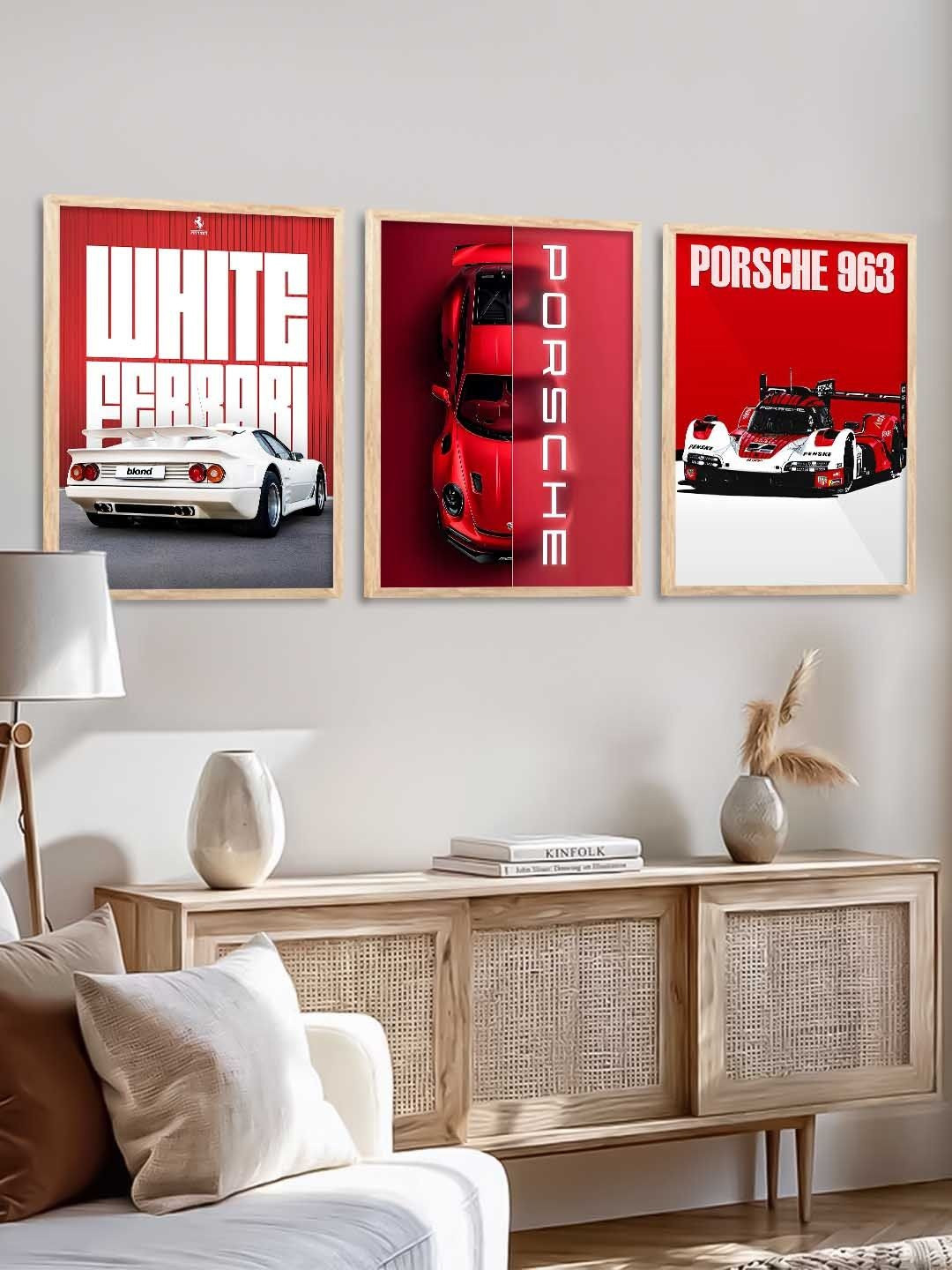 WALLLANE Red And White 3 Pieces Wooden Sports Car Framed Wall Photographs