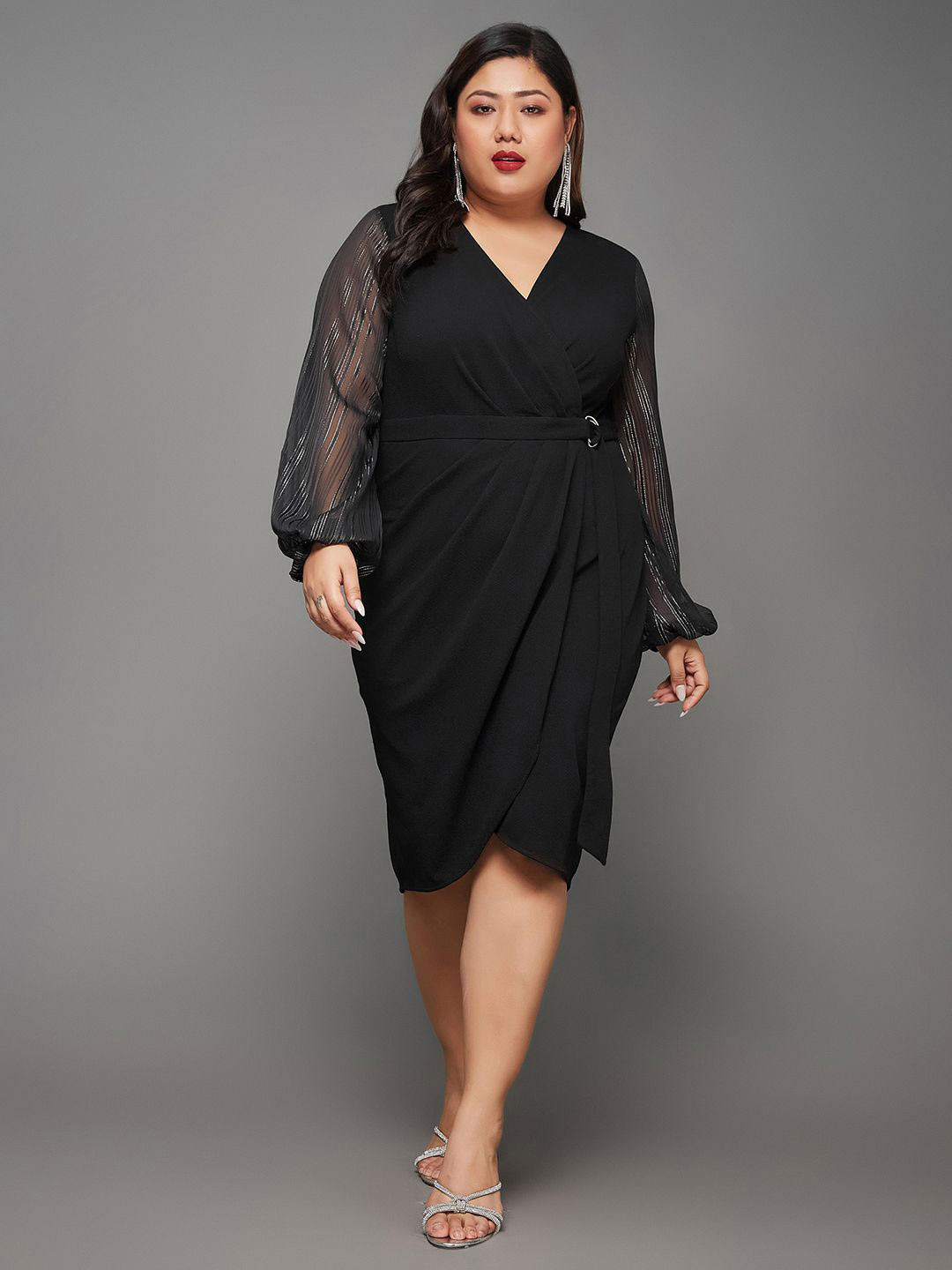Miss Chase A+ Women's Black Solid V Neck Bishop Sleeves Wrap Knee-Length Dress