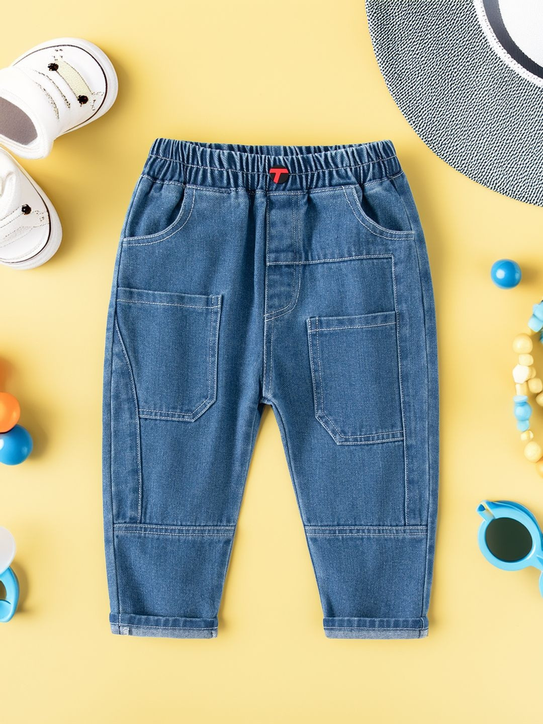 Xsole Boys Light Blue Relaxed Fit Mid-Rise Elasticated Slip On Cargo Styles Jeans