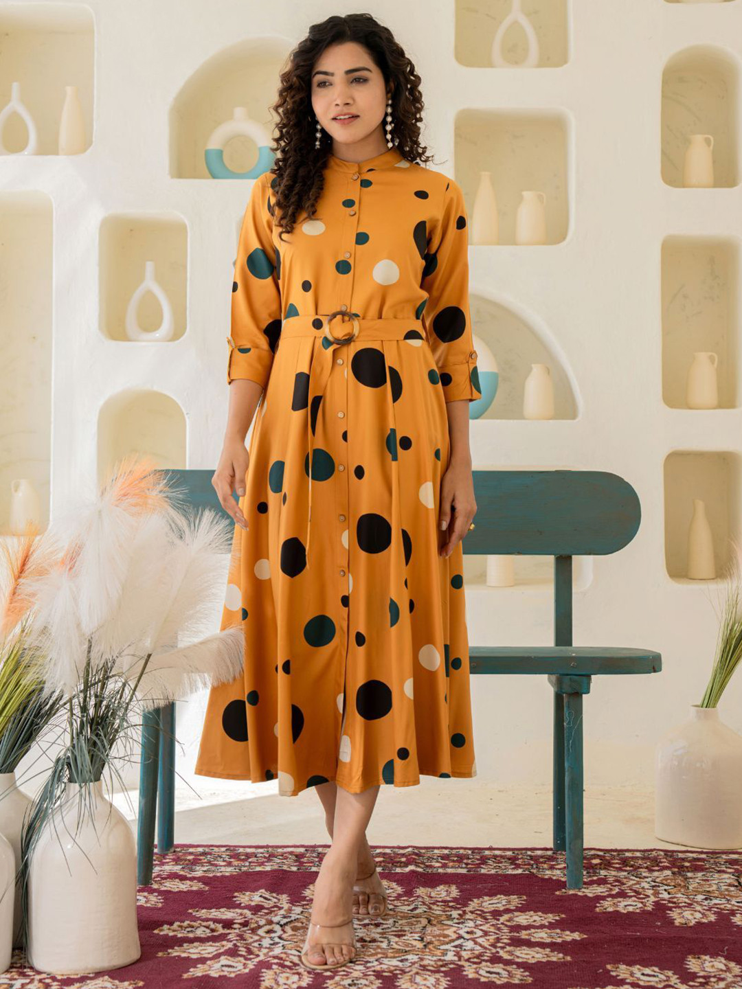Kaftanize Mustard Yellow Base White & Dark Green Big Polka Dot Print Midi Dress