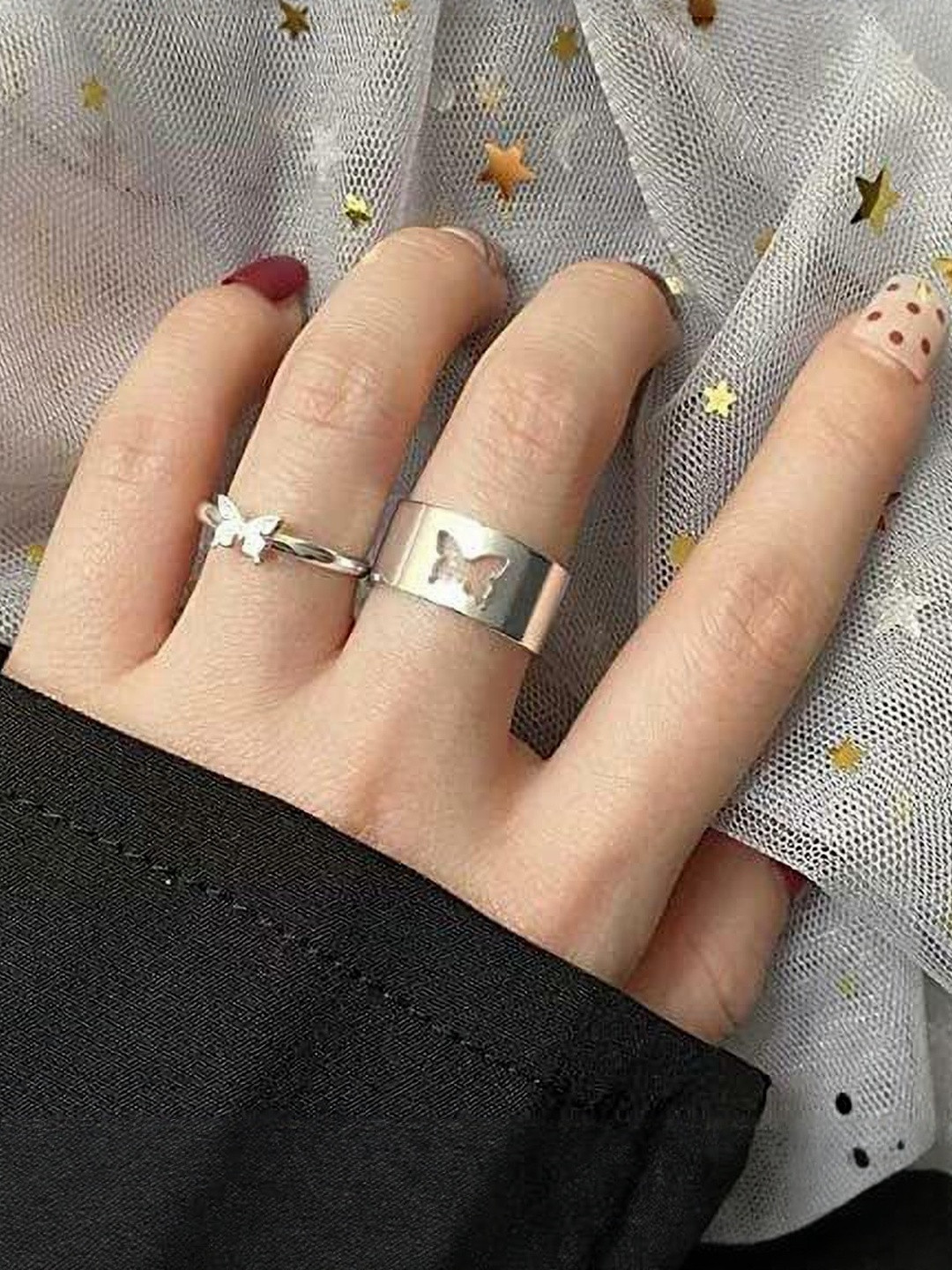 J.S ENTERPRISES Unisex Set of 2 Minimalist Butterfly Stainless Steel Finger Rings