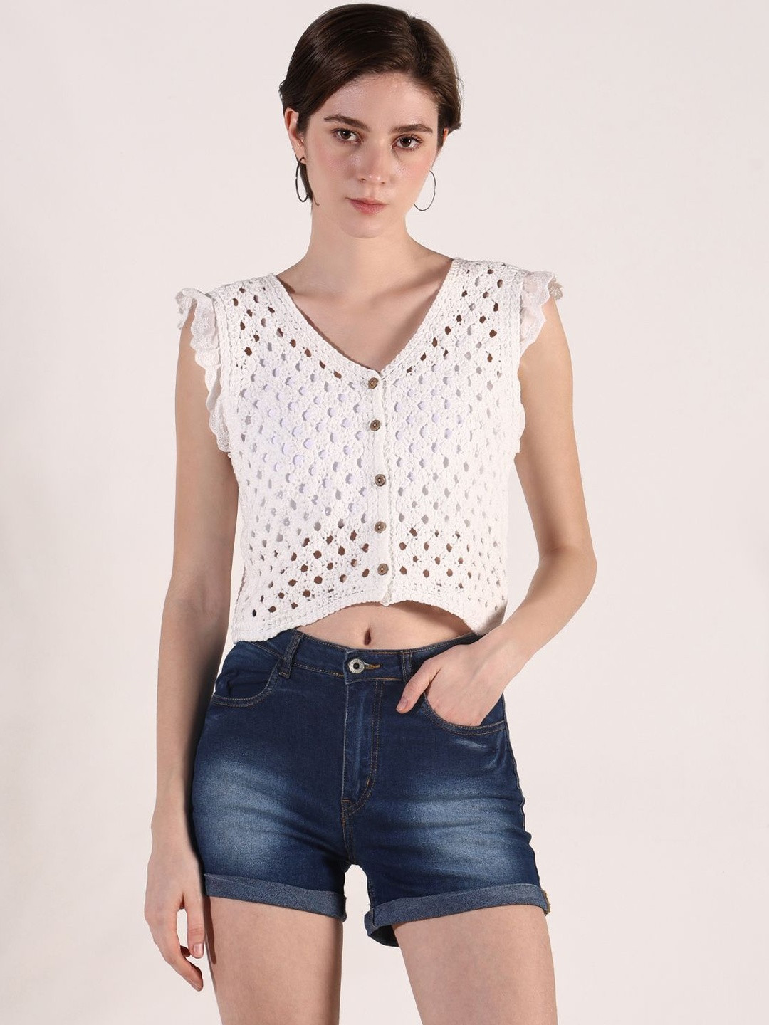 SHOWOFF Women Sheer Ruffles Crochet Crop Top