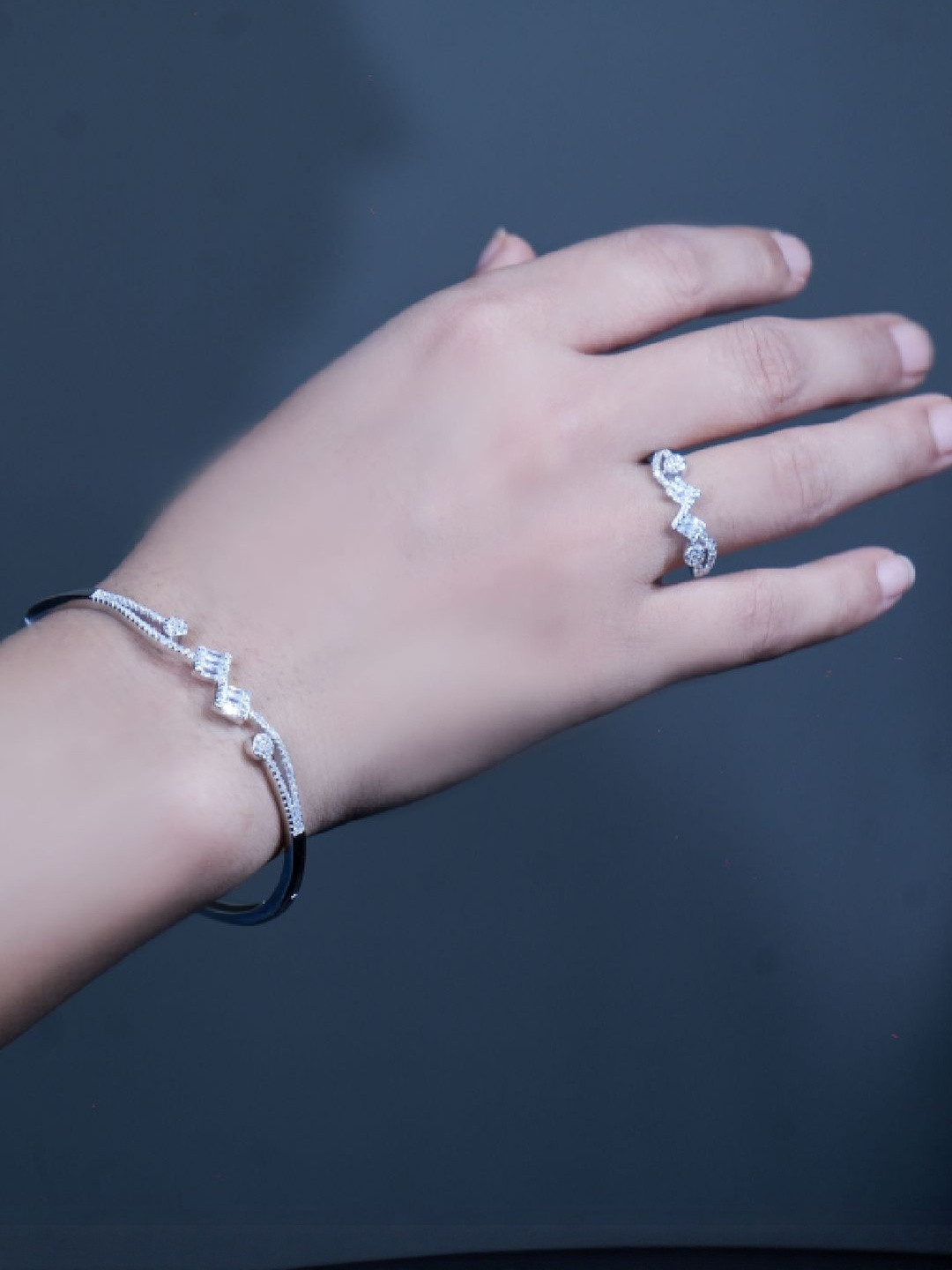Kinavah 925 Silver-Plated Artificial Stones Studded Bracelet With Ring