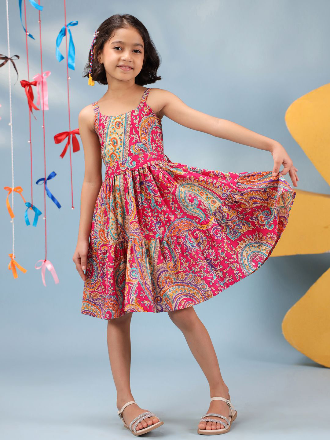 Rain & Rainbow Girls Printed Cotton Knee Length Dress