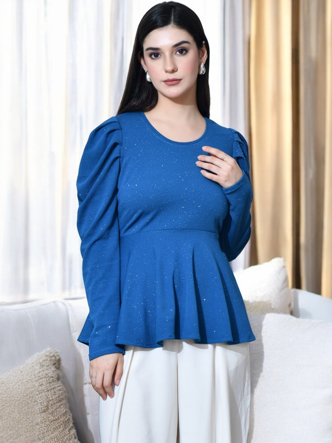 SFOTY Embellished Puff Sleeve Round Neck Peplum Top