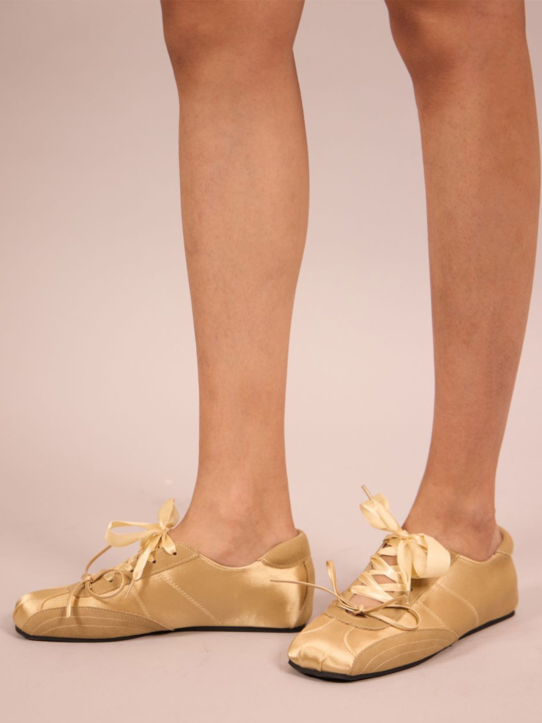 CAI Women Open Toe Gold Silk Lace Ballerinas