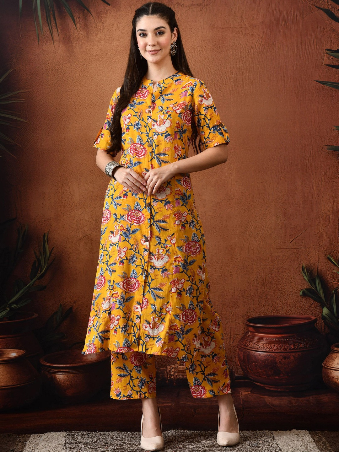 TRUVON FASHIONS Floral Printed Cotton Tunic & Palazzo Set