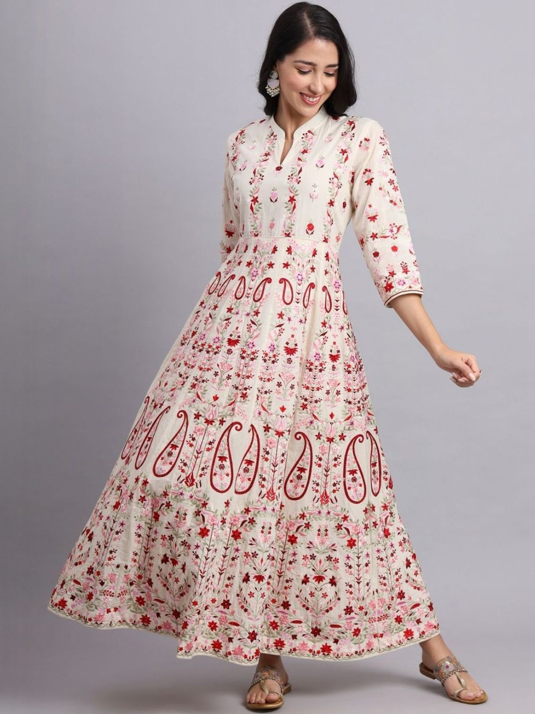 Khavas creations Women Mandarin Collar Fit and Flare Maxi Fusion Ethnic Dress