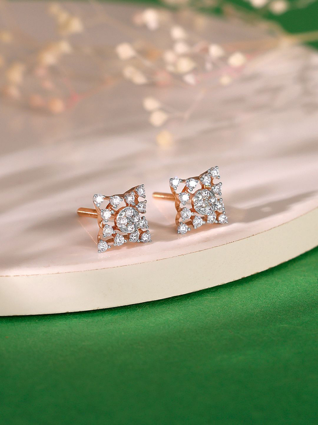 GIVA 18K Rose Gold Geometric Square Diamond Earrings-1.82 gms