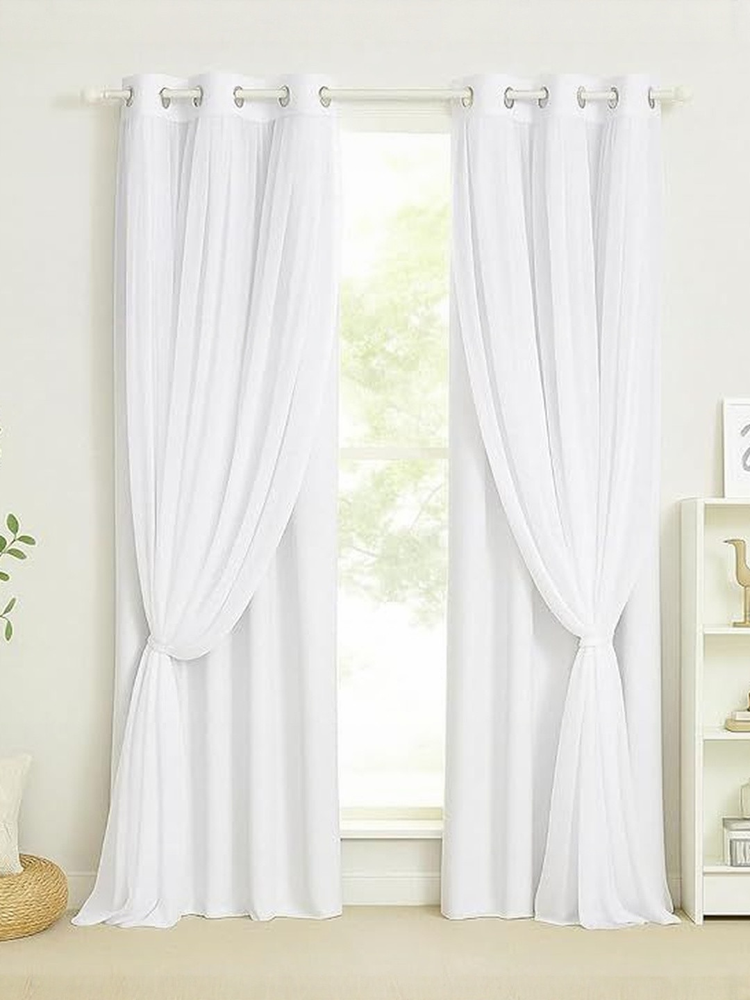 BFAM White 2 Pieces Thermal Insulated Black Out Window Curtains