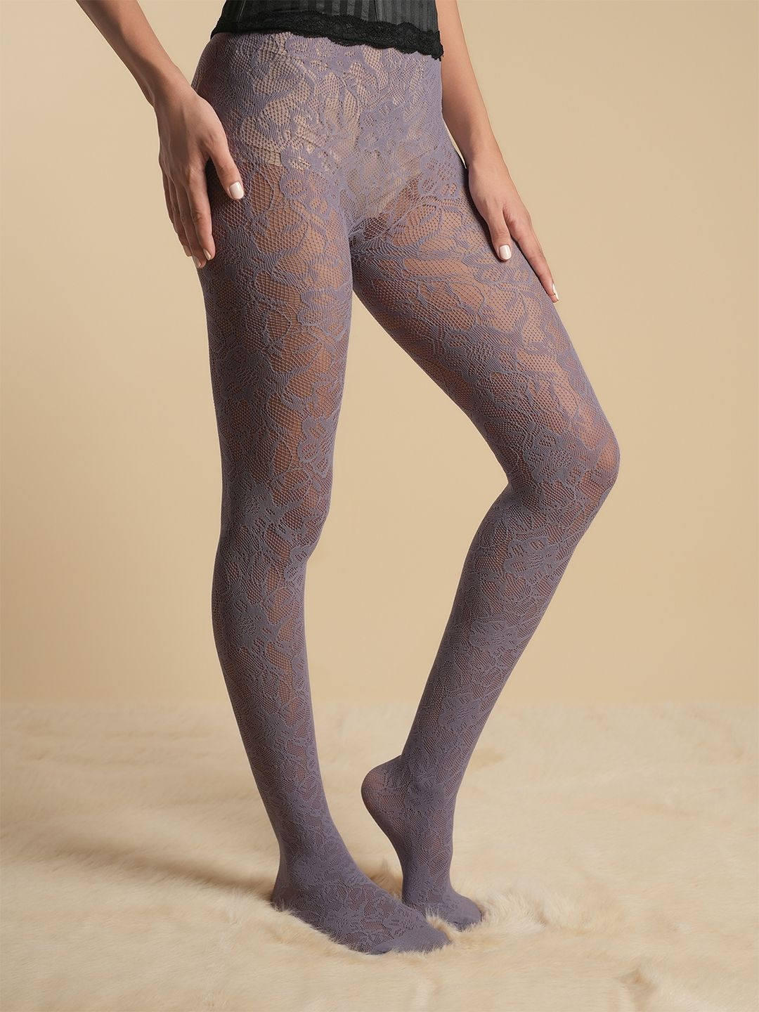 Theater Women Semi Sheer Patterned Lace Stockings With Soft Waistband