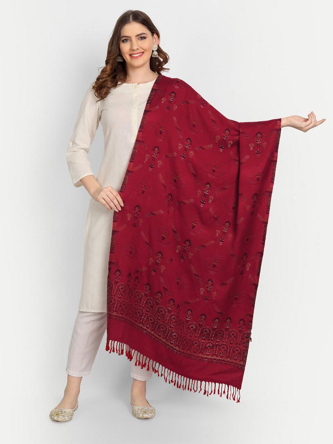 Hemkunt Fabric Women Floral Woven Design Tasselled Stole