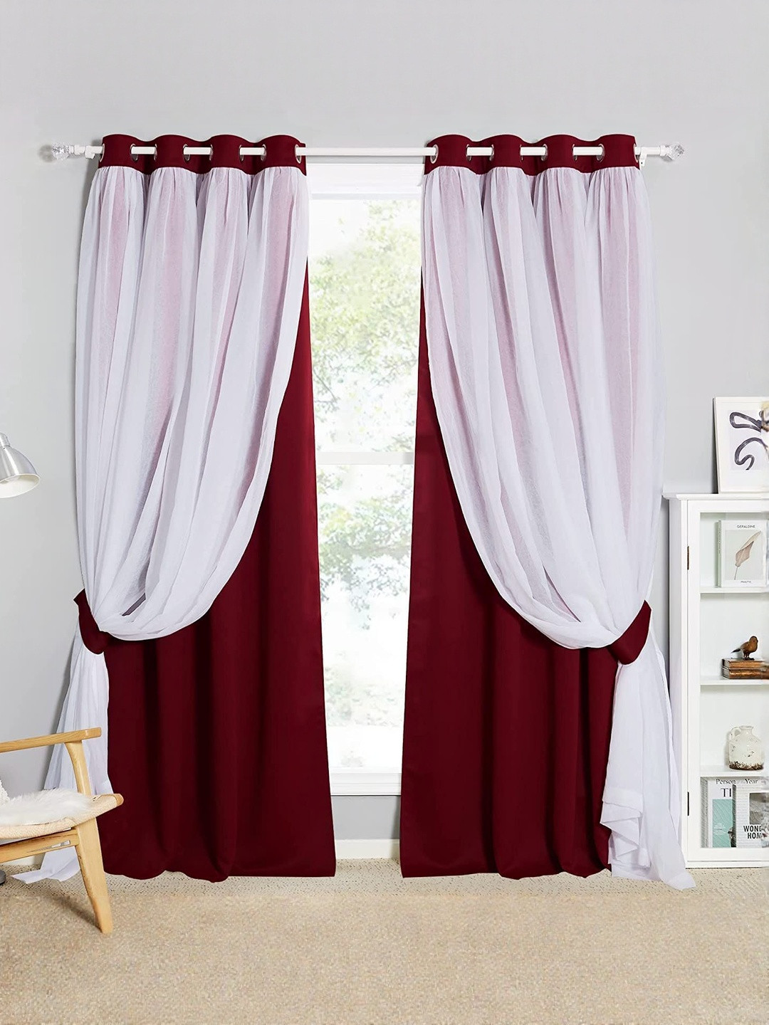 BFAM Maroon & White 2 Pieces Black Out Thermal Insulated Door Curtains