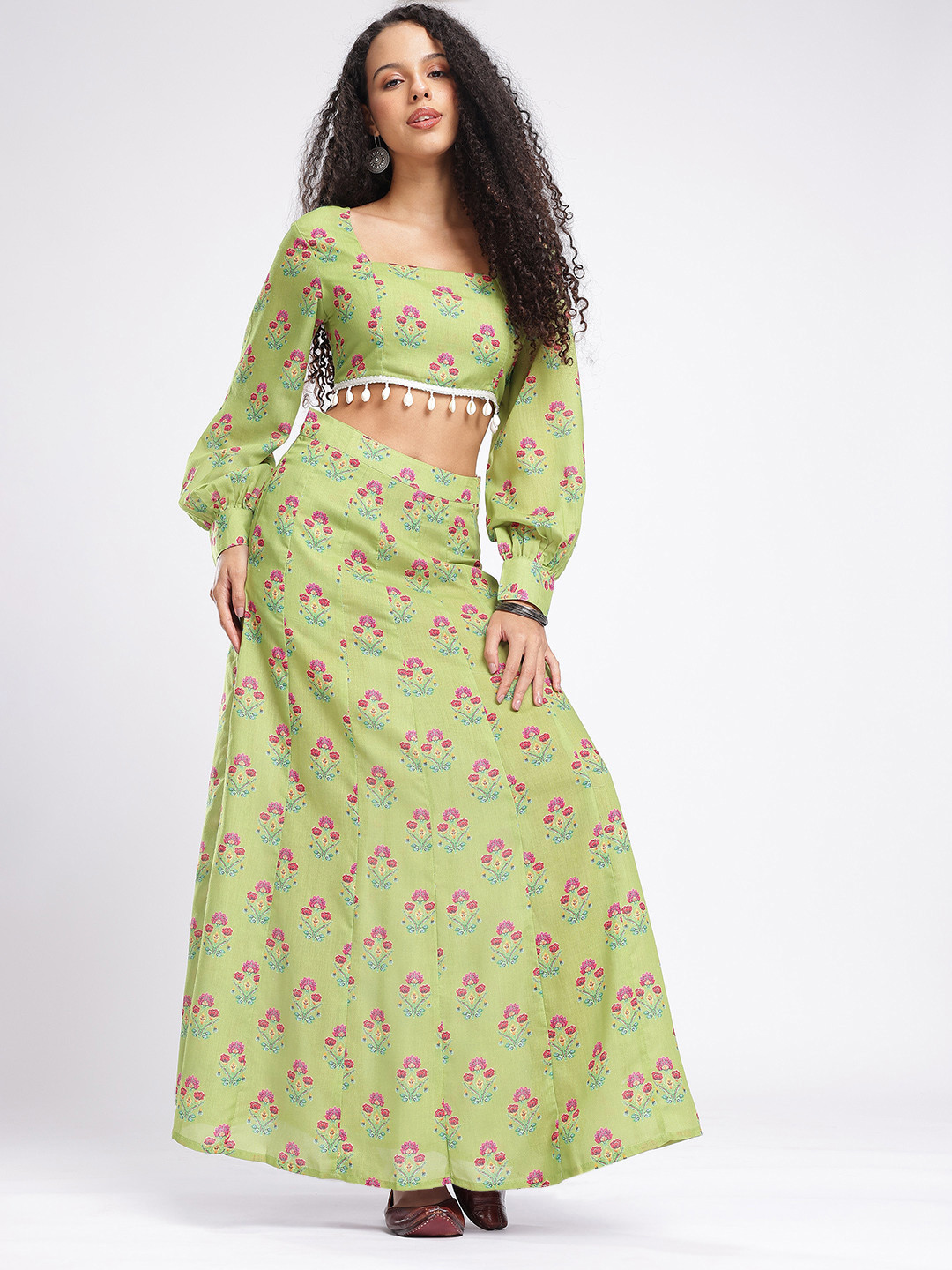 fusion by glitchez Floral Printed Square Neck Smocked Detailed Cuffed Sleeves Co-Ords
