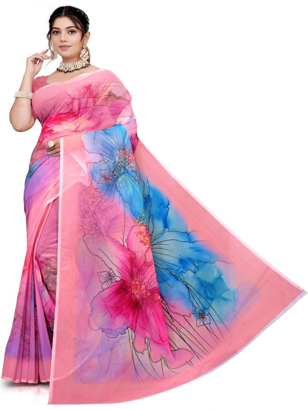 KAVYA FASHION Floral Printed Banarasi Saree With No Border