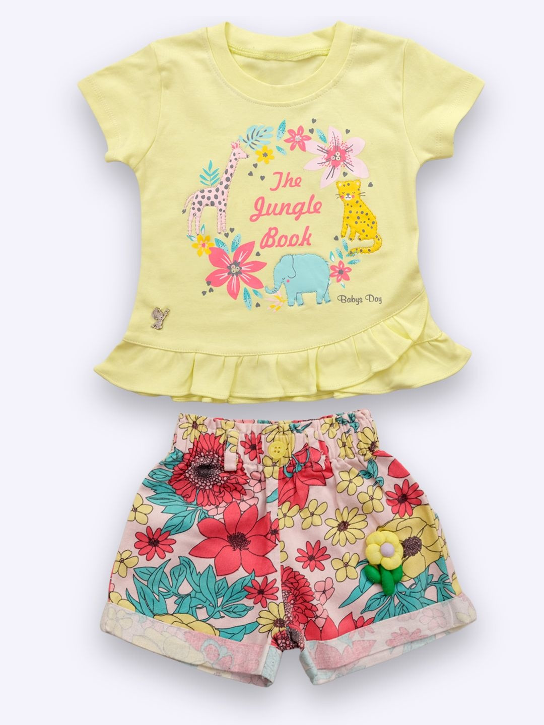 YK x Nice Kidz Girls Printed Round Neck Pure Cotton Top with Shorts