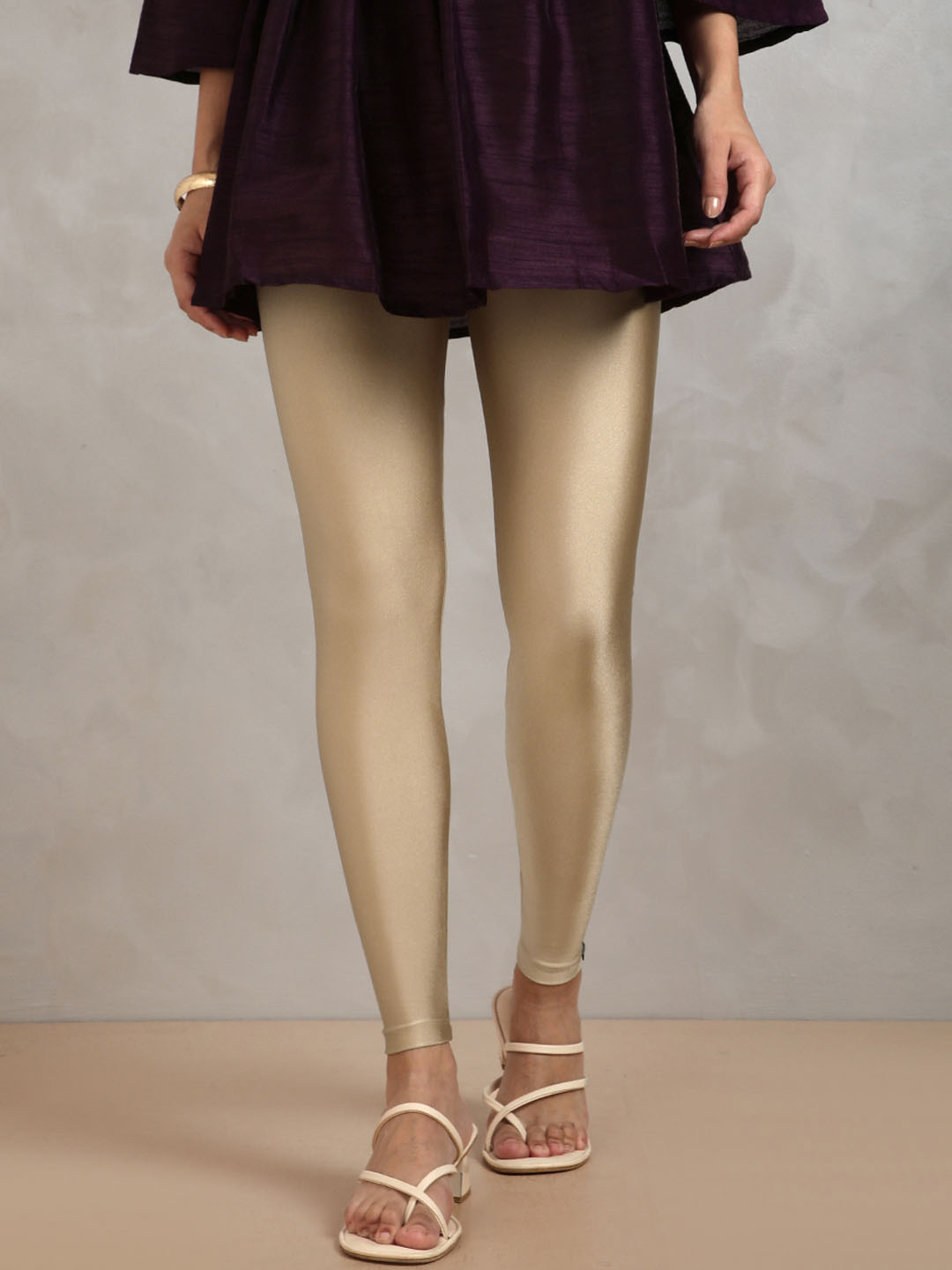 TWIN BIRDS Women Nylon Solid Beige Shimmer Leggings