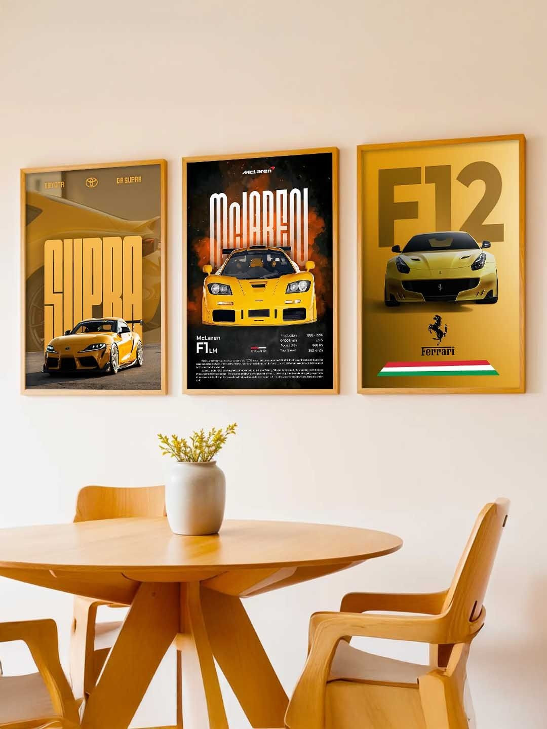 WALLLANE Orange And Black 3 Pieces Wooden Sports Car Framed Wall Photographs