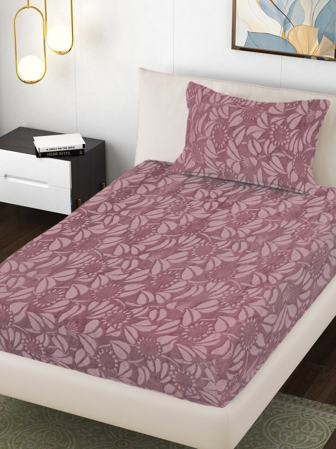 Myntra Elegant Homes Rust Floral Printed 300 TC Woollen Single Bedsheet Set 2.25m x 1.50m