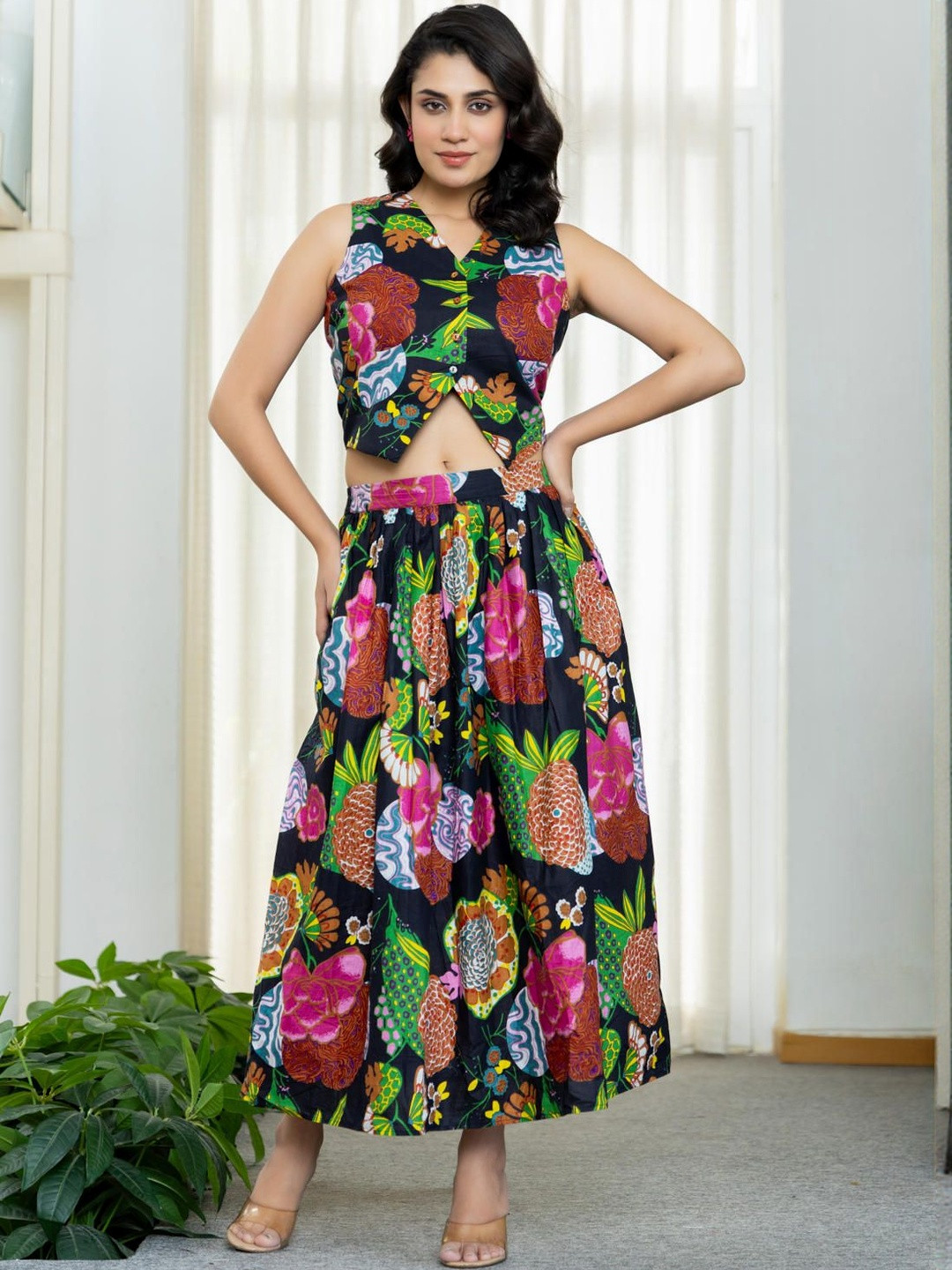 Sol Studio Printed Pure Cotton Waistcoat With Skirt